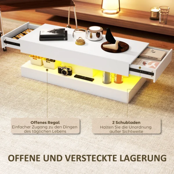 Woonkamertafel met lades en led lampjes, moderne salontafel met open opbergruimte, bijzettafel, spaanplaat, wit 6