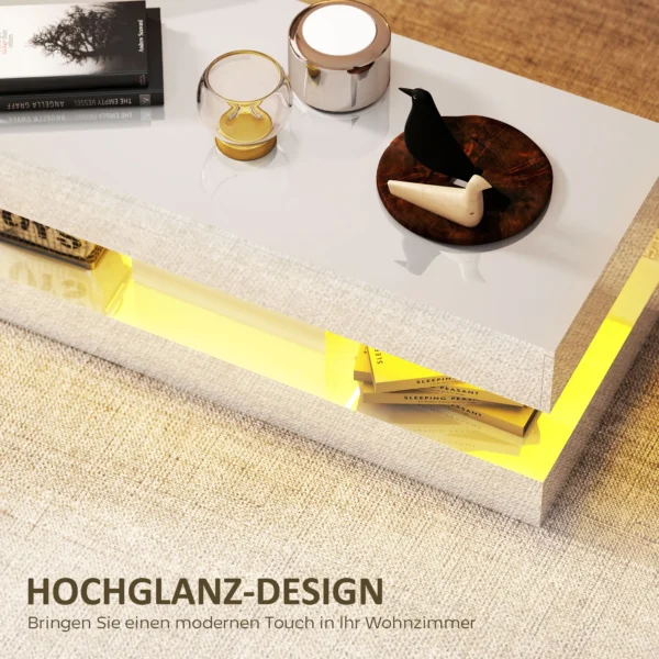 Woonkamertafel met lades en led lampjes, moderne salontafel met open opbergruimte, bijzettafel, spaanplaat, wit 7