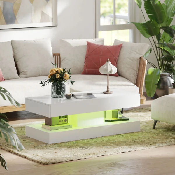 Woonkamertafel met lades en led lampjes, moderne salontafel met open opbergruimte, bijzettafel, spaanplaat, wit 8