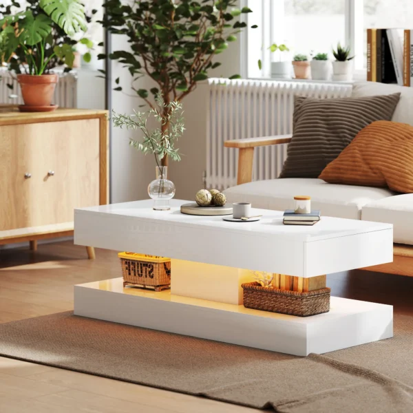 Woonkamertafel met lades en led lampjes, moderne salontafel met open opbergruimte, bijzettafel, spaanplaat, wit 9