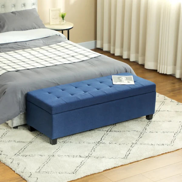 Zitbank met opbergruimte, ottomaanse, halbank, knoopstiksels, 125,1 cm x 48,9 cm x 41,3 cm, blauw 2