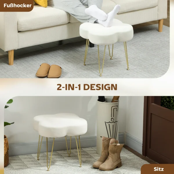 Zithocker, gestoffeerde hocker in klavervorm, stoffen bekleding, stalen poten, crèmewit 5