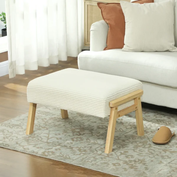 Zithocker hocker met zacht zitkussen houten poten voetenbankje met koordlook crème wit 2