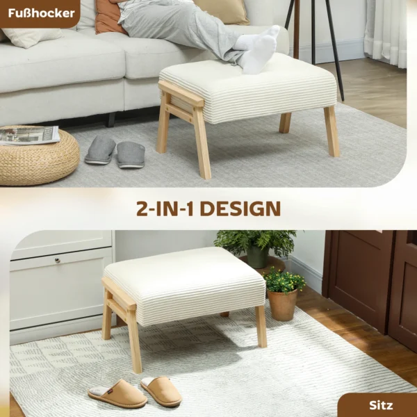 Zithocker hocker met zacht zitkussen houten poten voetenbankje met koordlook crème wit 5