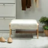 Zithocker hocker met zacht zitkussen houten poten voetenbankje met koordlook crème wit 8