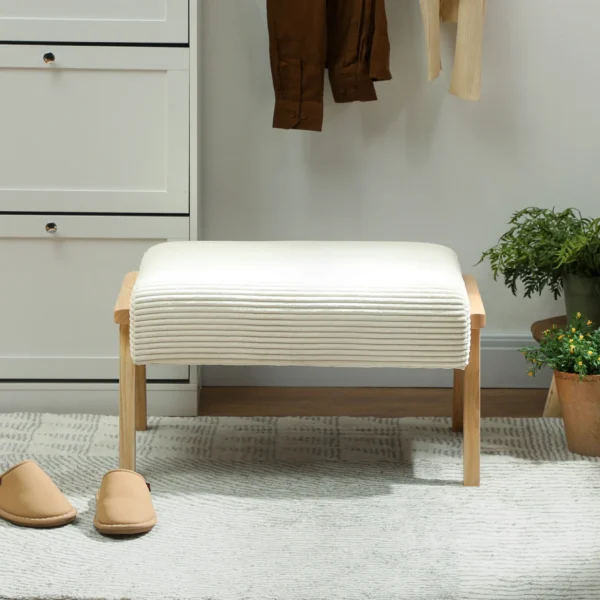 Zithocker hocker met zacht zitkussen houten poten voetenbankje met koordlook crème wit 8
