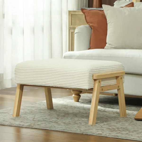 Zithocker hocker met zacht zitkussen houten poten voetenbankje met koordlook crème wit 9