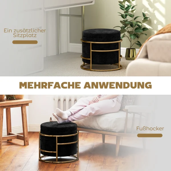 Zithocker met opbergruimte, gestoffeerde voetenbank, metalen frame, verguld, zwart 7