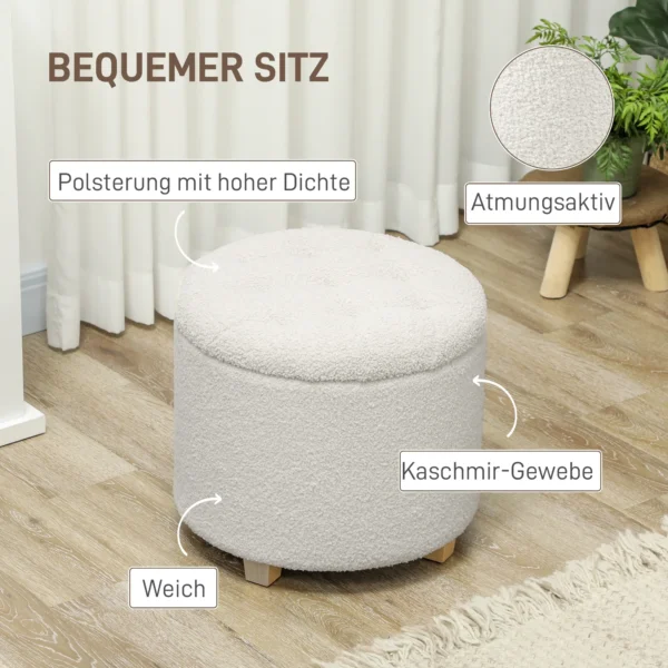 Zitkruk met opbergruimte, kruk met deksel, ronde voetenbank, opbergdoos, met houten poten, wit 6