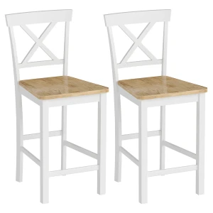 2 delige set barkrukken met rugleuning en voetensteun, rubberhout, voor keuken, eetkamer, bar, eiken+wit 1