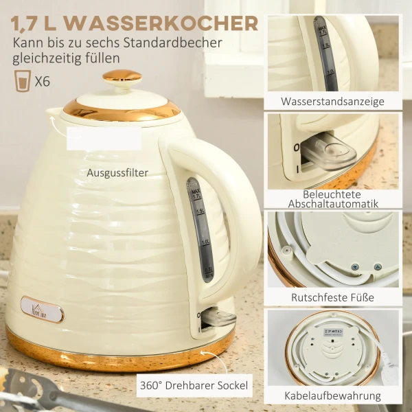 2 in 1 broodrooster en waterkoker set, 7 bruiningsniveaus, ontdooi en opwarmfunctie, beige 5