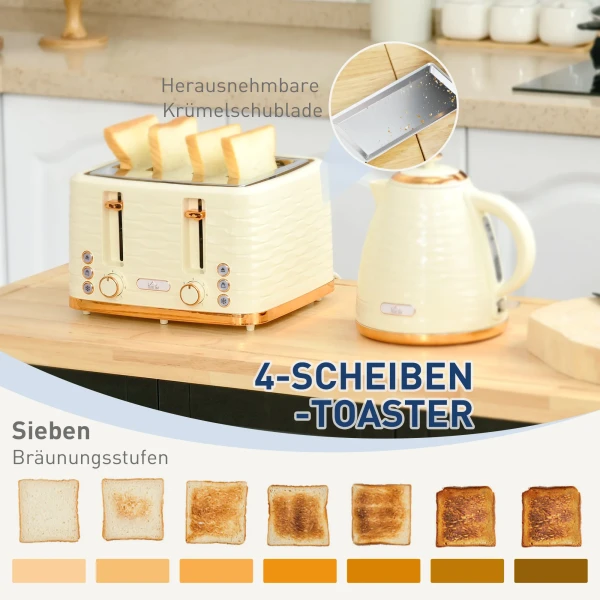 2 in 1 broodrooster en waterkoker set, 7 bruiningsniveaus, ontdooi en opwarmfunctie, beige 6