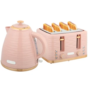 2 in 1 broodrooster en waterkoker set, 7 bruiningsniveaus, ontdooi en opwarmfunctie, roze 1