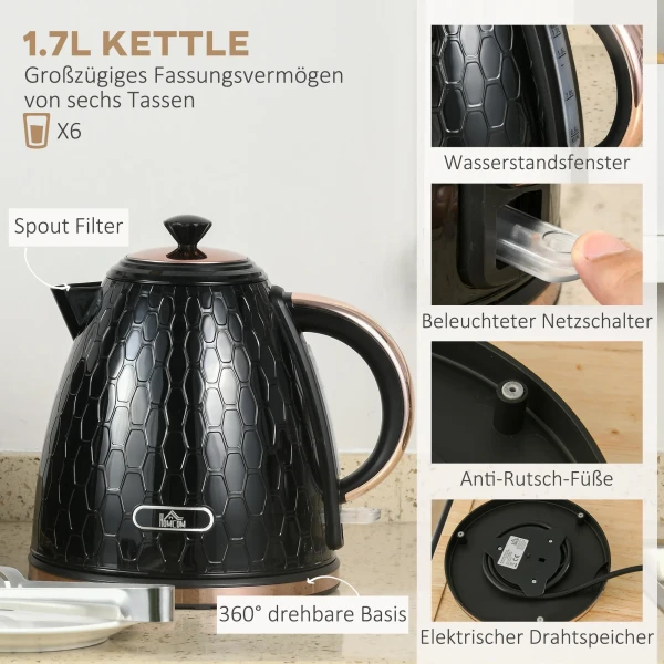 2 in 1 keukenset, broodrooster en waterkoker, meerdere opties, 1,7 l, 4 toasts tegelijk, kunststof, zwart 5