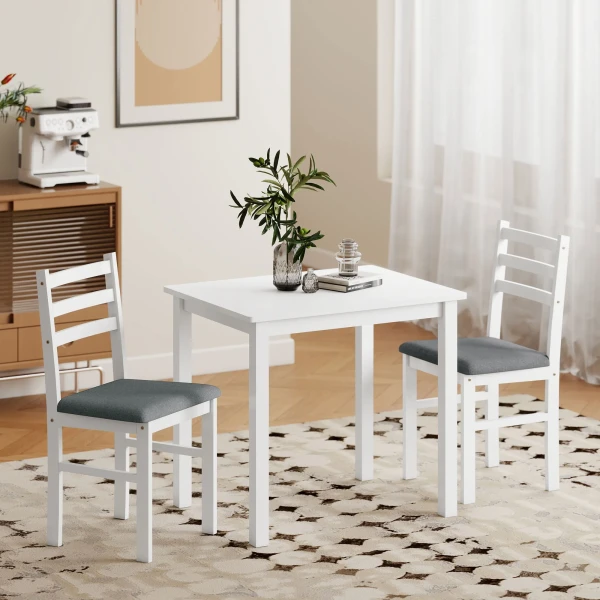 3 delige eettafelset met 2 stoelen, keukentafel voor compacte ruimtes, gestoffeerde stoelen, ruimtebesparend, mdf, wit 10