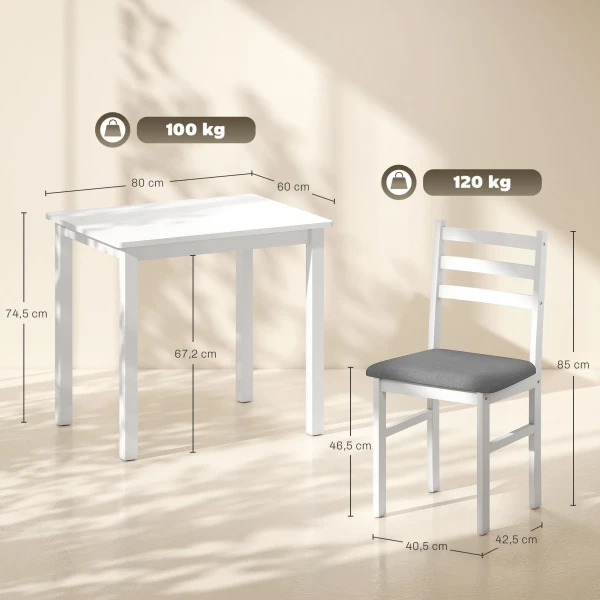 3 delige eettafelset met 2 stoelen, keukentafel voor compacte ruimtes, gestoffeerde stoelen, ruimtebesparend, mdf, wit 4