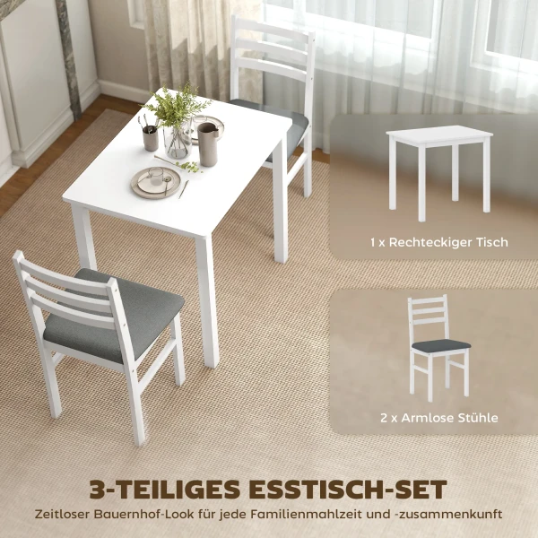 3 delige eettafelset met 2 stoelen, keukentafel voor compacte ruimtes, gestoffeerde stoelen, ruimtebesparend, mdf, wit 5