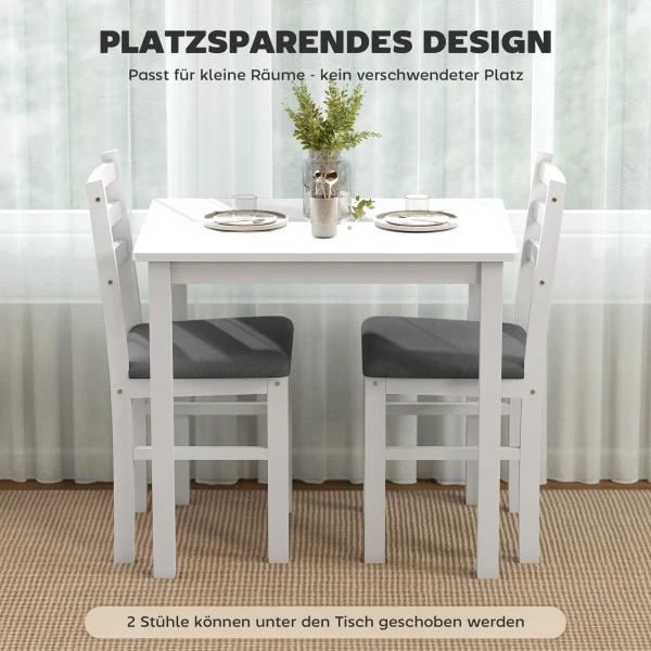 3 delige eettafelset met 2 stoelen, keukentafel voor compacte ruimtes, gestoffeerde stoelen, ruimtebesparend, mdf, wit 7