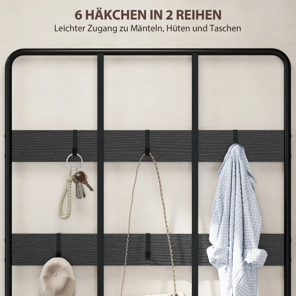 3 in 1 garderoberek, kledinghaken, zitbank, schoenenrek, metaal, spaanplaat, zwart 6