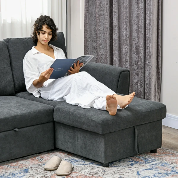 3 zitsbank met slaapfunctie, slaapbank met chaise longue, gestoffeerde bank, donkergrijs 9