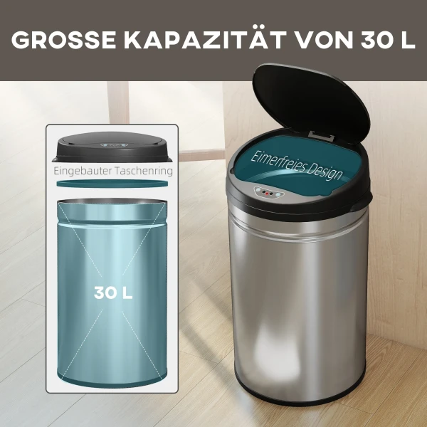 30 liter sensor prullenbak met soft close functie, aanraakvrije afvalemmer van roestvrij staal voor hygiënische keukens 6