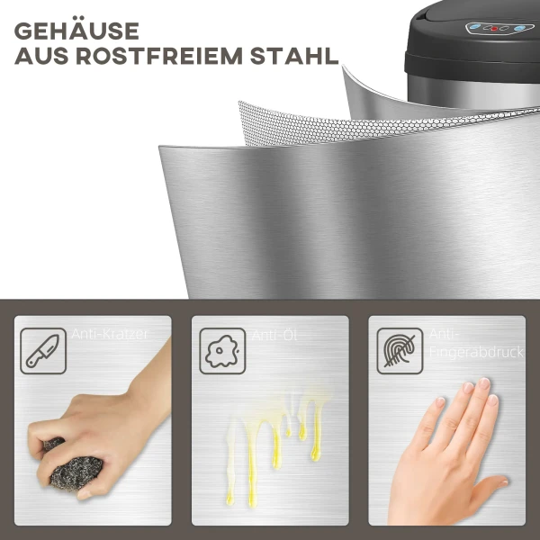 30 liter sensor prullenbak met soft close functie, aanraakvrije afvalemmer van roestvrij staal voor hygiënische keukens 7