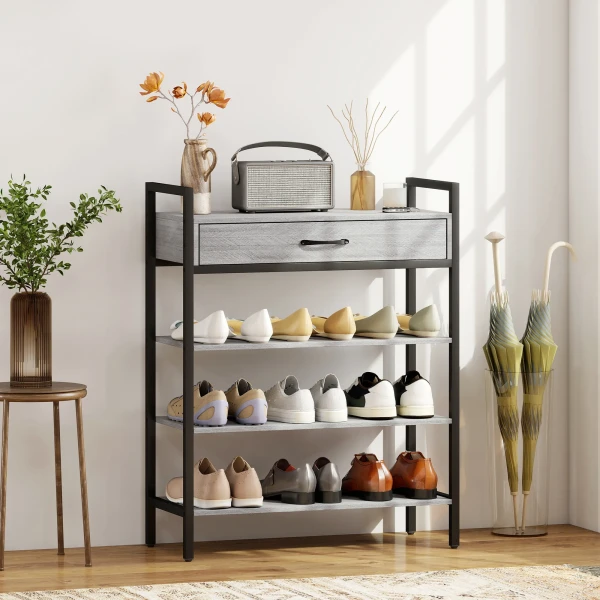 4 laags schoenenrek, gangrek voor maximaal 9 paar schoenen, spaanplaat, metaal, grijs 2