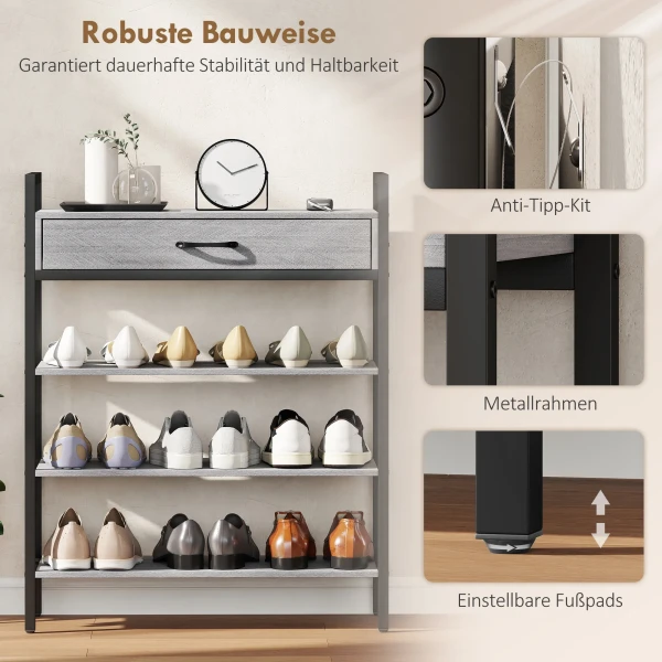 4 laags schoenenrek, gangrek voor maximaal 9 paar schoenen, spaanplaat, metaal, grijs 7