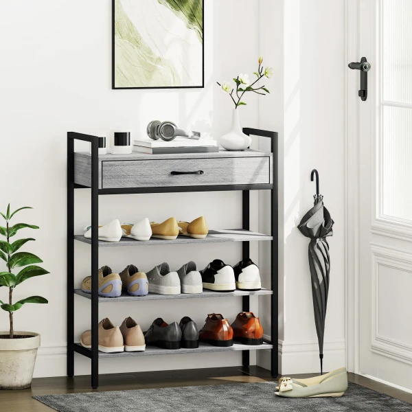 4 laags schoenenrek, gangrek voor maximaal 9 paar schoenen, spaanplaat, metaal, grijs 9