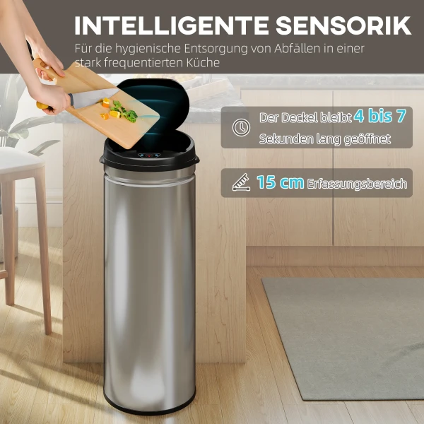 50 liter sensor vuilnisbak met soft close functie, aanraakvrije afvalbak van roestvrij staal voor hygiënische keukens, kantoren, zilverkleurig 5