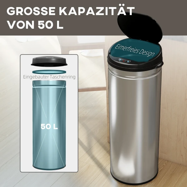 50 liter sensor vuilnisbak met soft close functie, aanraakvrije afvalbak van roestvrij staal voor hygiënische keukens, kantoren, zilverkleurig 6