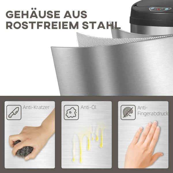 50 liter sensor vuilnisbak met soft close functie, aanraakvrije afvalbak van roestvrij staal voor hygiënische keukens, kantoren, zilverkleurig 7