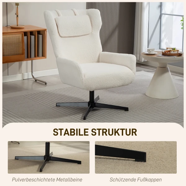 Accentstoel, gestoffeerde stoel met fleece hoes, draaivoet, metalen frame, crèmewit 7