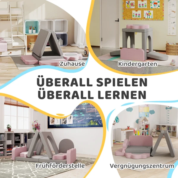 Aiyaplay 12 delige set schuimblokken om te klimmen, bouwen, kruipen, binnenspeelmatten met koordhoes, grijs+roze 9