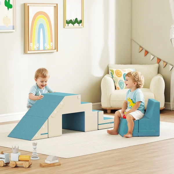 Aiyaplay 2 delige zachte speelblokken set voor peuters, kunstleer, schuim, voor klimmen, bouwen, spelen, beige+blauw 2