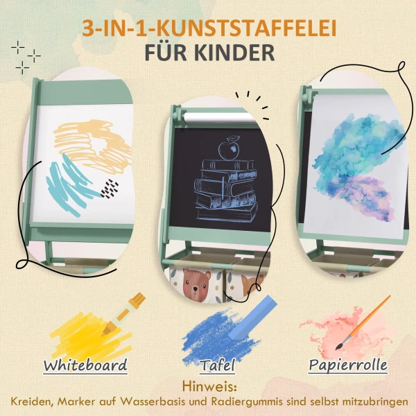 Aiyaplay 3 in 1 kinder ezel met papierrol, krijtbord, whiteboard, opbergmanden, 54 x 46,5 x 93 cm, groen 5