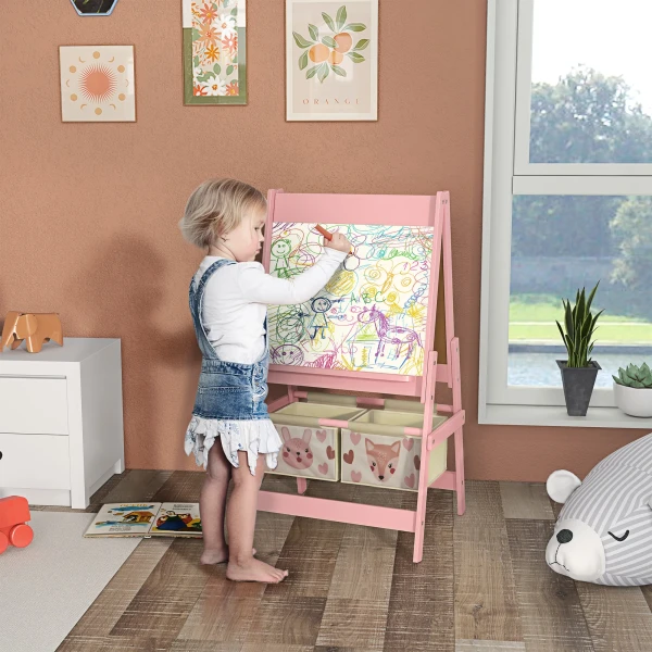 Aiyaplay 3 in 1 kinder ezel met papierrol, krijtbord, whiteboard, opbergmanden, 54 x 46,5 x 93 cm, roze 2