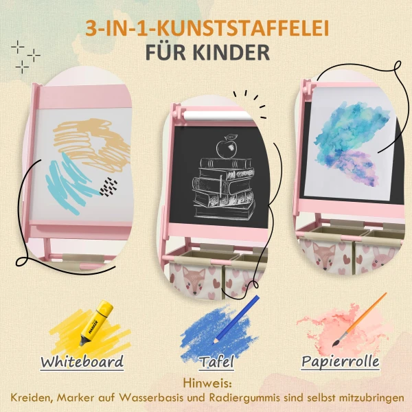 Aiyaplay 3 in 1 kinder ezel met papierrol, krijtbord, whiteboard, opbergmanden, 54 x 46,5 x 93 cm, roze 5