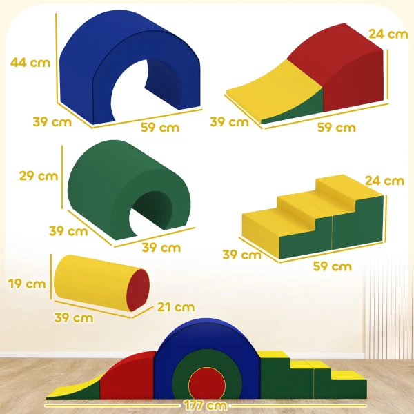 Aiyaplay 5 delig zacht bouwblokken set voor baby's & peuters, schuim, kunstleer, 5 creatieve vormen, indoor set voor klimmen, kruipen, spelen, kleurrijk 4