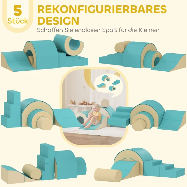 Aiyaplay 5 delige zachte bouwblokken set voor baby's & peuters, schuim, kunstleer, 5 creatieve vormen, indoor set voor klimmen, kruipen, spelen, groen 5