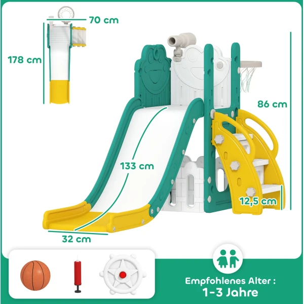 Aiyaplay 5 in 1 kinderglijbaanset, telescoop, basketbalring, kunststof, geel+groen 4