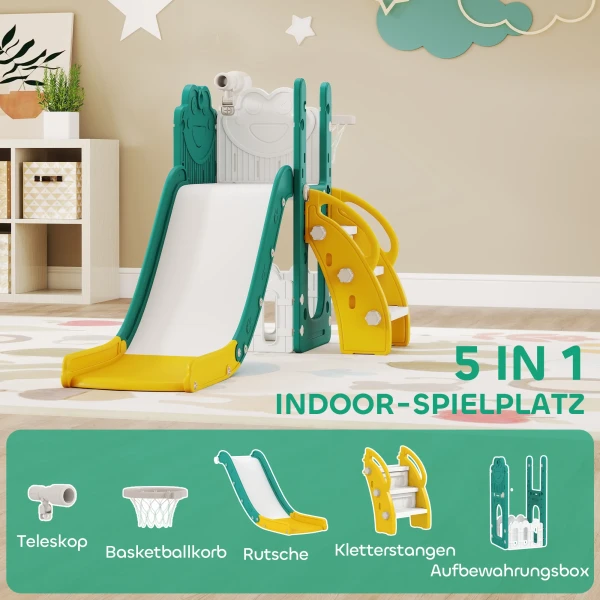 Aiyaplay 5 in 1 kinderglijbaanset, telescoop, basketbalring, kunststof, geel+groen 5