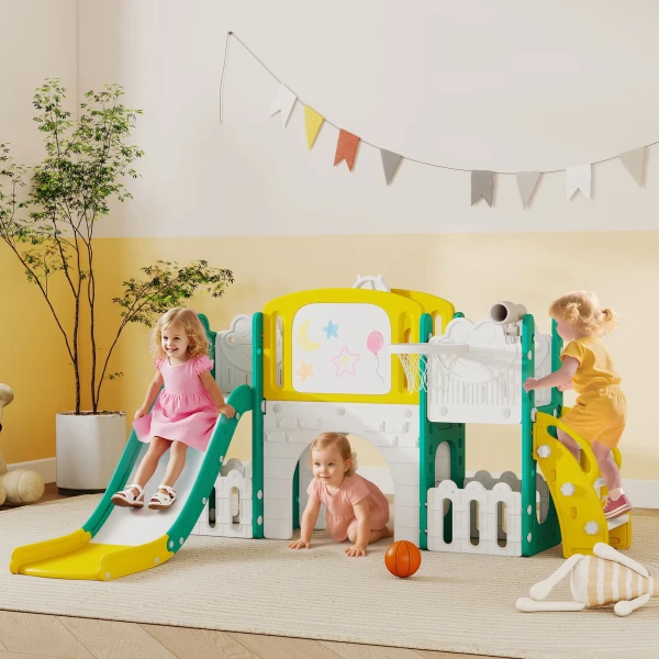 Aiyaplay 7 in 1 glijbaanset voor peuters, basketbalring, kikkerontwerp, klimrek, schommelstoel, voor binnen en buiten, geel+groen 2