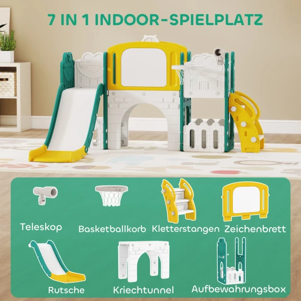 Aiyaplay 7 in 1 glijbaanset voor peuters, basketbalring, kikkerontwerp, klimrek, schommelstoel, voor binnen en buiten, geel+groen 5
