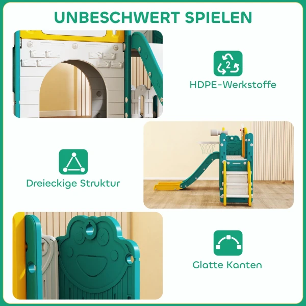 Aiyaplay 7 in 1 glijbaanset voor peuters, basketbalring, kikkerontwerp, klimrek, schommelstoel, voor binnen en buiten, geel+groen 7