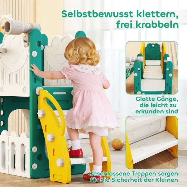 Aiyaplay 7 in 1 glijbaanset voor peuters, basketbalring, kikkerontwerp, klimrek, schommelstoel, voor binnen en buiten, geel+groen 8