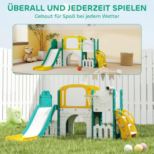 Aiyaplay 7 in 1 glijbaanset voor peuters, basketbalring, kikkerontwerp, klimrek, schommelstoel, voor binnen en buiten, geel+groen 9