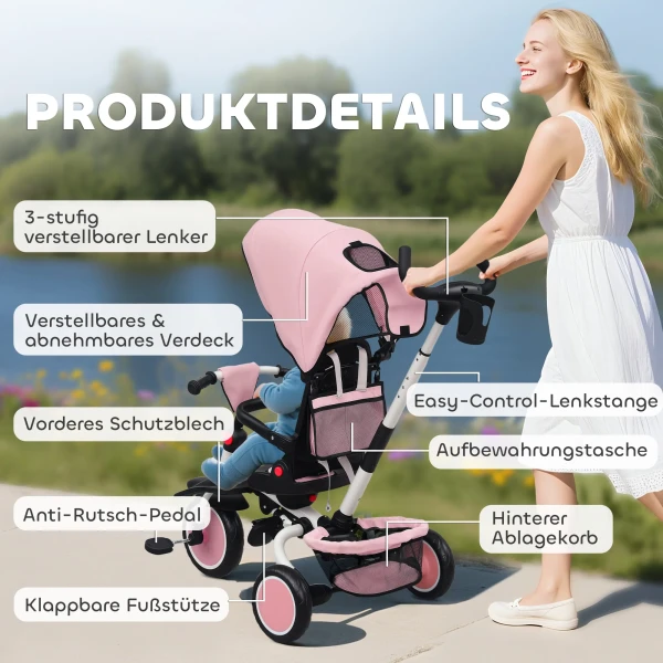 Aiyaplay kinderdriewieler, 6 in 1 buggy voor peuters, met duwstang, verstelbare zitting, opvouwbaar ontwerp, veiligheidsnet 10