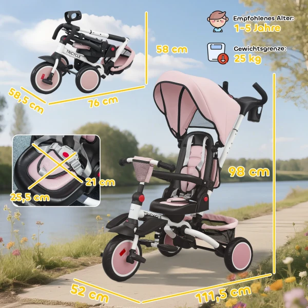 Aiyaplay kinderdriewieler, 6 in 1 buggy voor peuters, met duwstang, verstelbare zitting, opvouwbaar ontwerp, veiligheidsnet 4