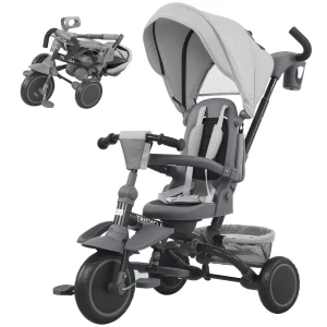 Aiyaplay kinderdriewieler, 6 in 1 buggy voor peuters, met duwstang, verstelbare zitting, opvouwbaar ontwerp, veiligheidsnet, grijs 1